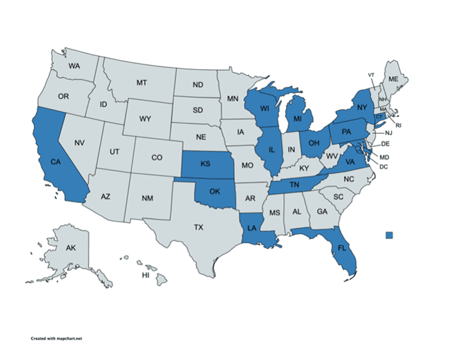 A map of the united states with all 5 0 states marked in blue.